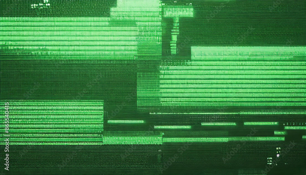 Poster abstract technical background, green monitor with pixel sorting glitch effect, texture banner with copy space, error screen