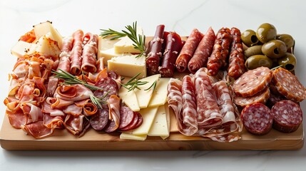 Elegant Labor Day charcuterie board with copy space for text on a plain background, perfect for ads, featuring a selection of meats and cheeses.