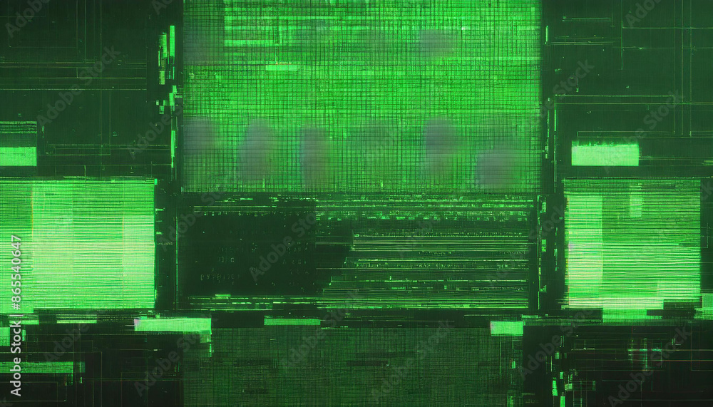 Poster abstract technical background, green monitor with pixel sorting glitch effect, texture banner with copy space, error screen