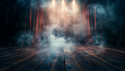 Dimly lit theater stage with a backdrop of red curtains and mystical smoke effects, creating a dramatic atmosphere under spotlights.