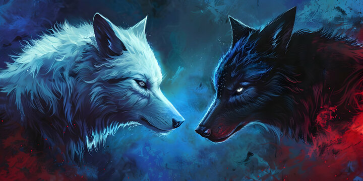 Digital art depicting a dramatic face-off between a white wolf and a black wolf, set against a vibrant, mystical background. Perfect for fantasy themes.