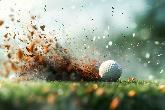 Dynamic close-up of a golf ball hitting the ground with dirt and grass flying in the air, capturing the thrill of the sport.