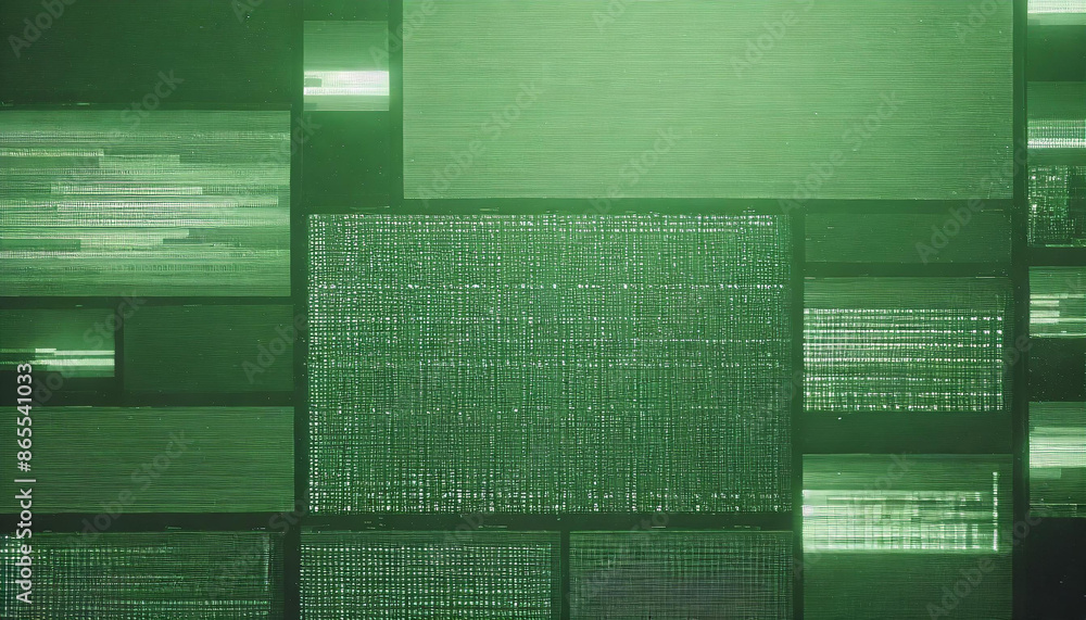 Poster abstract technical background, green monitor with pixel sorting glitch effect, texture banner with copy space, error screen