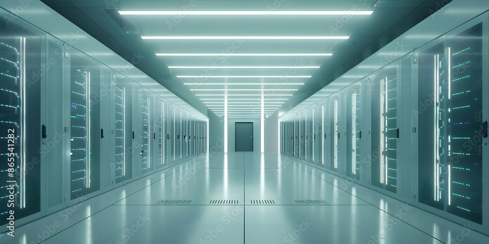 Poster modern data center interior with rows of server racks and bright ceiling lights creating a sleek and