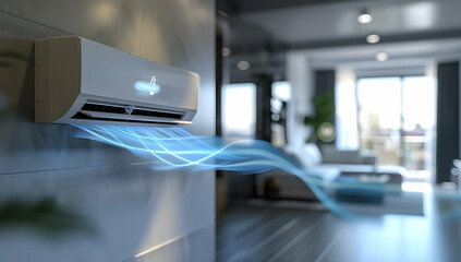 Fototapeta premium Modern air conditioner cooling a stylish living room with futuristic blue airflow, providing comfort and efficiency in home climate control.