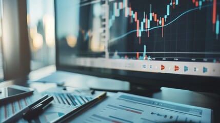 Fototapeta premium Monitor displaying financial charts with documents and office supplies on desk. Suitable for business analysis, financial strategy, and office work visuals