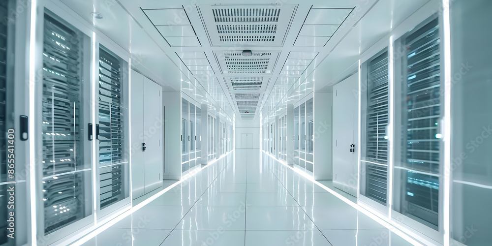 Poster modern white data center with glowing servers and cables, symbolizing digital technology and high-pe