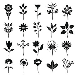 Set of black silhouettes of flowers and plants on a white background