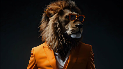 Stylish lion wearing an orange suit and sunglasses, representing power and fashion in a dark background.