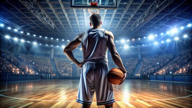Basketball Player Backlit on a Court with a Large Crowd