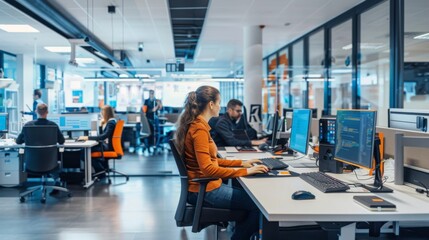 A woman in an orange shirt sits at a desk in an open office setting, typing on a computer keyboard. Other people are working in the background. - Powered by Adobe