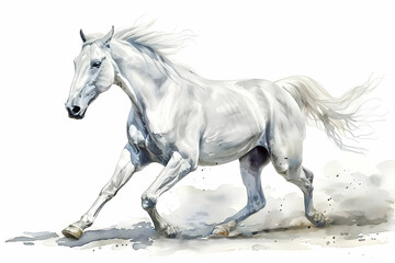 Fototapeta premium Watercolor painting of a majestic white horse running, showcasing grace and power with a soft, airy background.