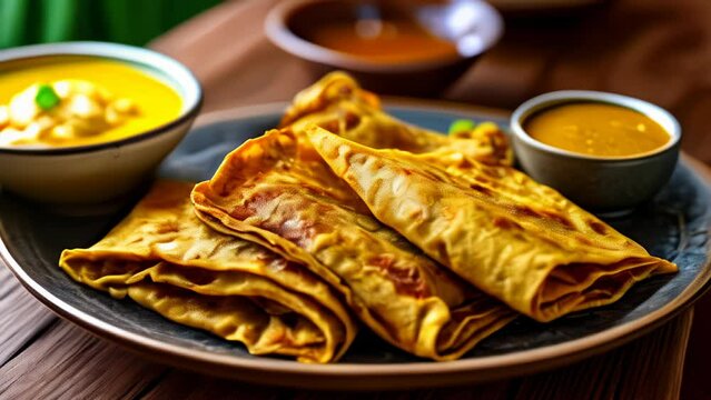  Deliciously rolled appetizers with dipping sauces ready to be savored