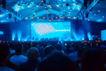 A large audience attending a blue-lit conference or event in a spacious venue with a focus on a big screen and stage setup.