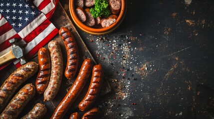 Labor Day BBQ featuring sausages and a hammer, American flag on left, right side for copy space for text, plain dark background for ads