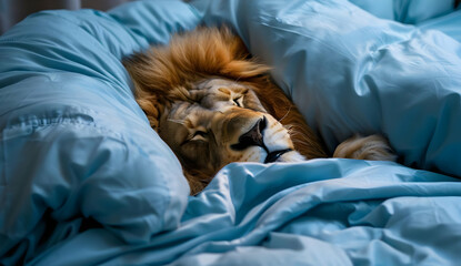 A majestic lion comfortably snoozing under cozy blue blankets, blending the wild with serene domesticity in this unique and captivating scene.