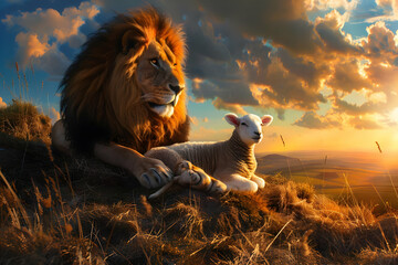 A majestic lion and a lamb rest together in a serene landscape during a beautiful sunset, symbolizing peace and harmony.