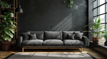 An inviting black living room, with minimalist decor and a cozy atmosphere, offering a comfortable space for relaxation and creativity.