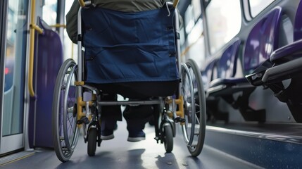 A person in a wheelchair is getting on a bus. The person is wearing a black jacket