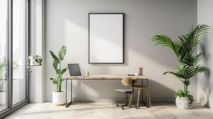 Fototapeta premium serene workspace minimalist home office with empty frame and natural elements interior design photography