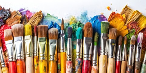Obraz premium Colorful Artist Paintbrushes with Splashes of Paint on White Background