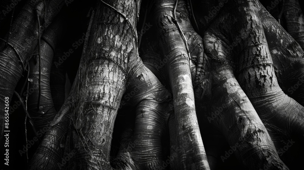 Poster dark and mysterious the tree trunks seemed to hold secrets within their unique textures. black and w