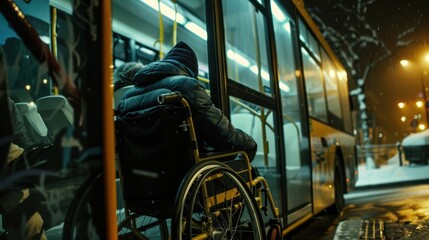 A person in a wheelchair is getting on a bus. The person is wearing a black jacket