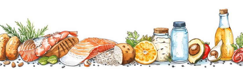 A colorful illustration of various food items including fish, vegetables, fruits, and seasoning arranged in a line on a white background.