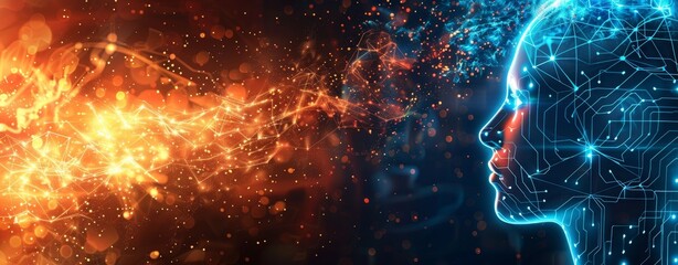 An abstract digital background that includes futuristic elements like glowing data streams and circuit board patterns.