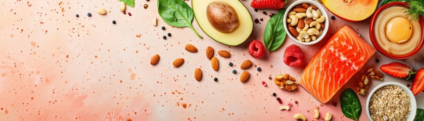 Assorted healthy foods including salmon, avocado, nuts, and vegetables on a pink background. Ideal for a balanced diet concept.