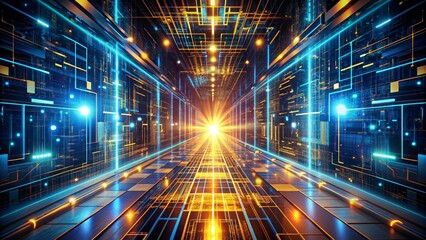 Obraz premium Digital Tunnel - Futuristic Sci-Fi Corridor with Blue and Yellow Lights - 3D Illustration