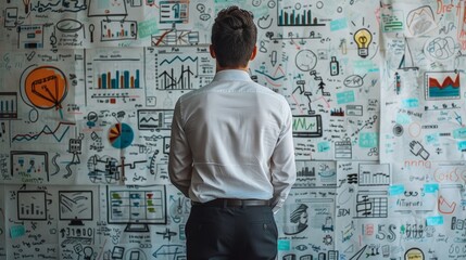 Business person analyzing a detailed strategy board filled with charts, graphs, and diagrams, planning and brainstorming for success.