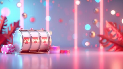 A stylish silver slot machine in a casino setting, with minimalist design elements and a futuristic look. The image offers ample copy space for customization, ideal for advertising casino games or