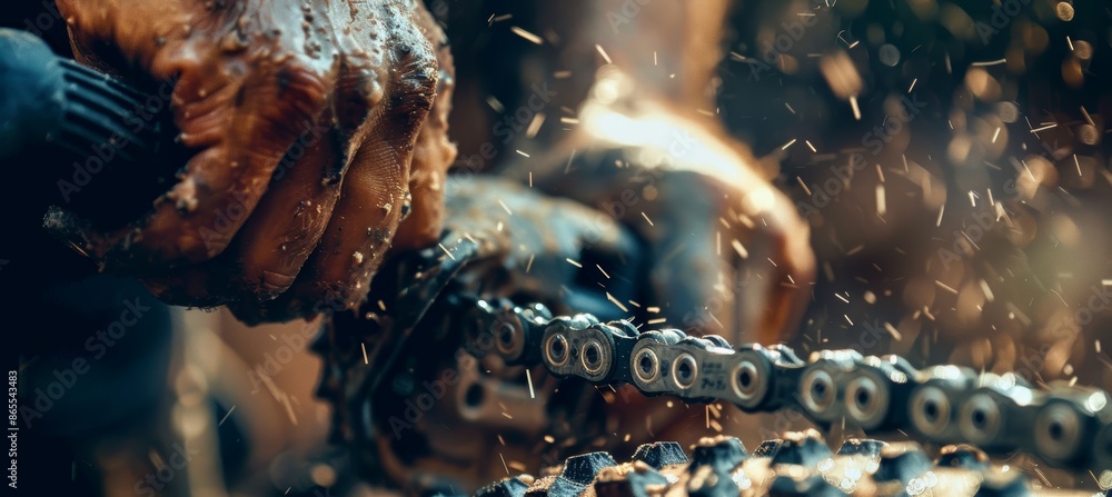 Poster hands adjusting chainsaw chain for safe operation and precision maintenance