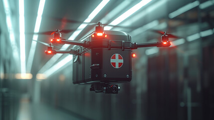 Naklejka premium Medical Drone Flying Through A Modern Building