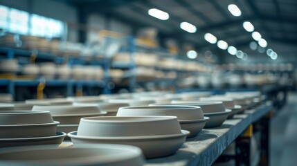 Obraz premium Rows of pristine white bowls line a production line in a factory