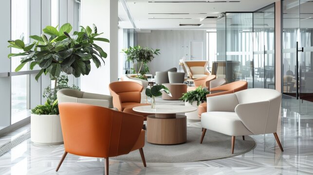 Open office lounge area with modern seating and large windows. Ideal for collaborative work and informal discussions