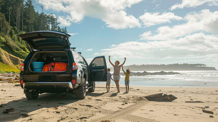A family enjoying a day at the beach with their car parked on the sand. The car's trunk is open with bags and beach gear visible. Blue skies and ocean in the background.