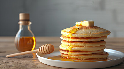 A stack of fluffy pancakes topped with melting butter and drizzled with golden syrup, on a white plate with a wooden honey dipper and syrup bottle in the background.