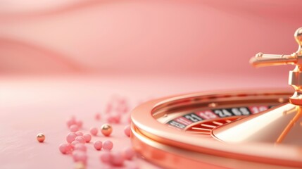Obraz premium An upscale casino scene featuring an orange roulette wheel, set against a clean and minimalist backdrop. The image offers ample copy space for adding text or graphics.