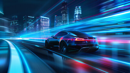 Fototapeta premium A sleek car speeding through a futuristic cityscape at night, with vibrant neon lights trailing behind.