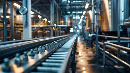 A close-up view of a conveyor belt system inside a modern factory