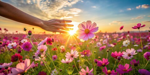 Fototapeta premium Hand Reaching for the Sun in a Field of Cosmos Flowers at Sunset