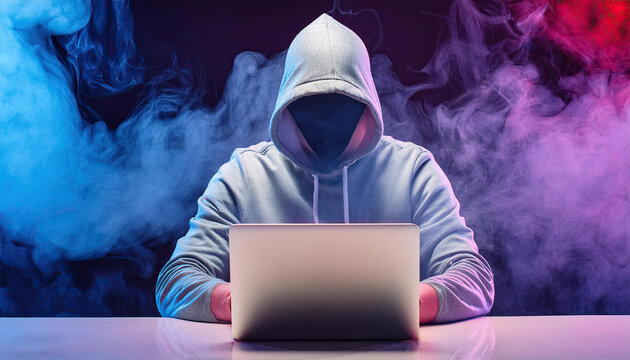 A hacker with hidden face in a hoodie using a laptop