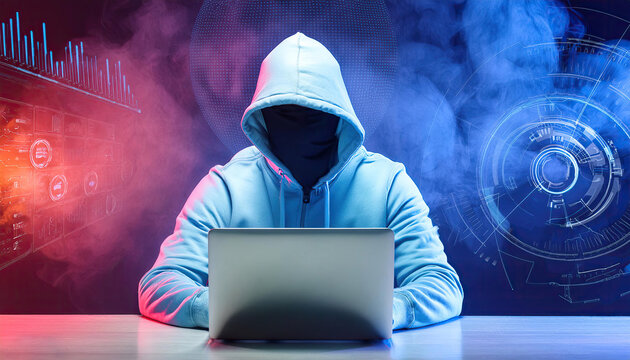A hacker with hidden face in a hoodie using a laptop