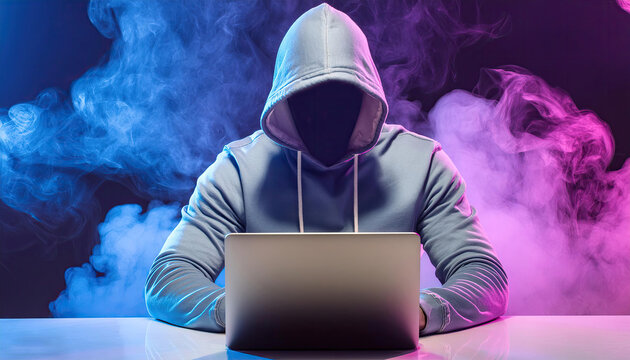 A hacker with hidden face in a hoodie using a laptop