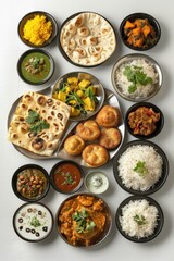 A variety of Indian food is displayed in bowls on a white background. The bowls are filled with different types of food, including rice, vegetables, and sauces. Scene is one of abundance and variety