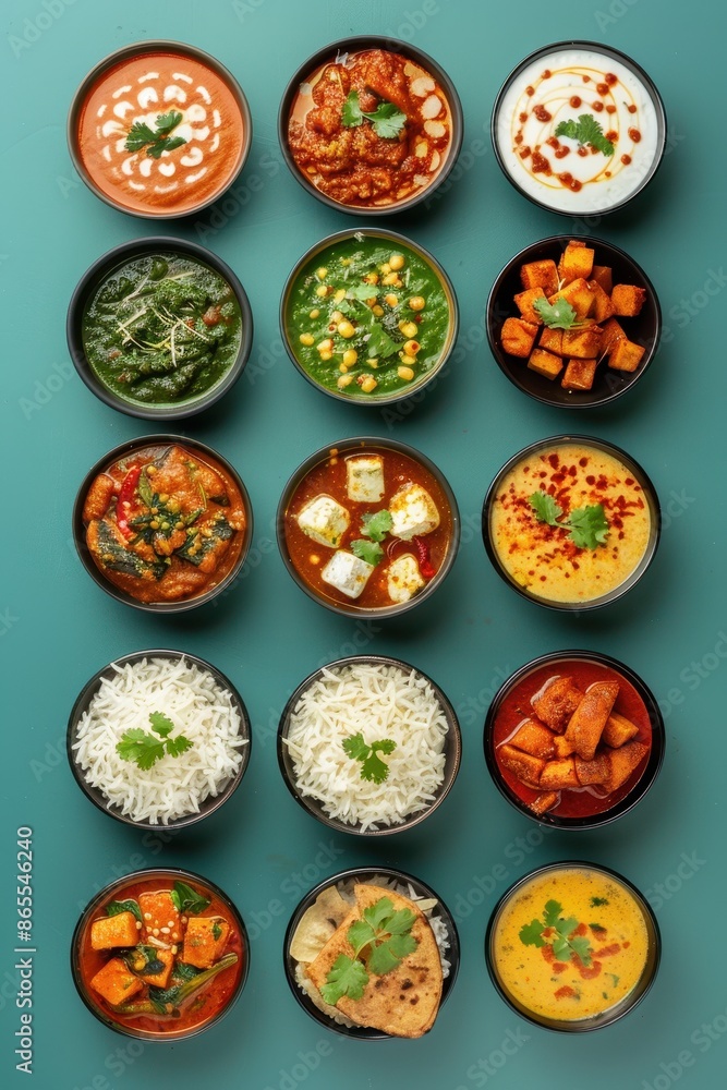 Poster a variety of indian food is displayed in bowls on a white background. the bowls are filled with diff - Posters