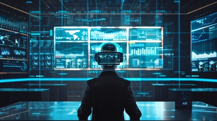 A person wearing VR headset in a futuristic control room with glowing screens displaying data.