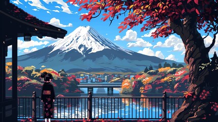 Naklejka premium A woman in a kimono stands at a railing overlooking a serene view of Mount Fuji, with vibrant autumn foliage and a bridge in the foreground.